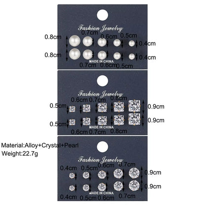 15 Pcs of Earrings Simple Basic Geometric Type Sixclaw Crystal Zircon Earrings Set Retro Temperament Fake-Pearl Earrings