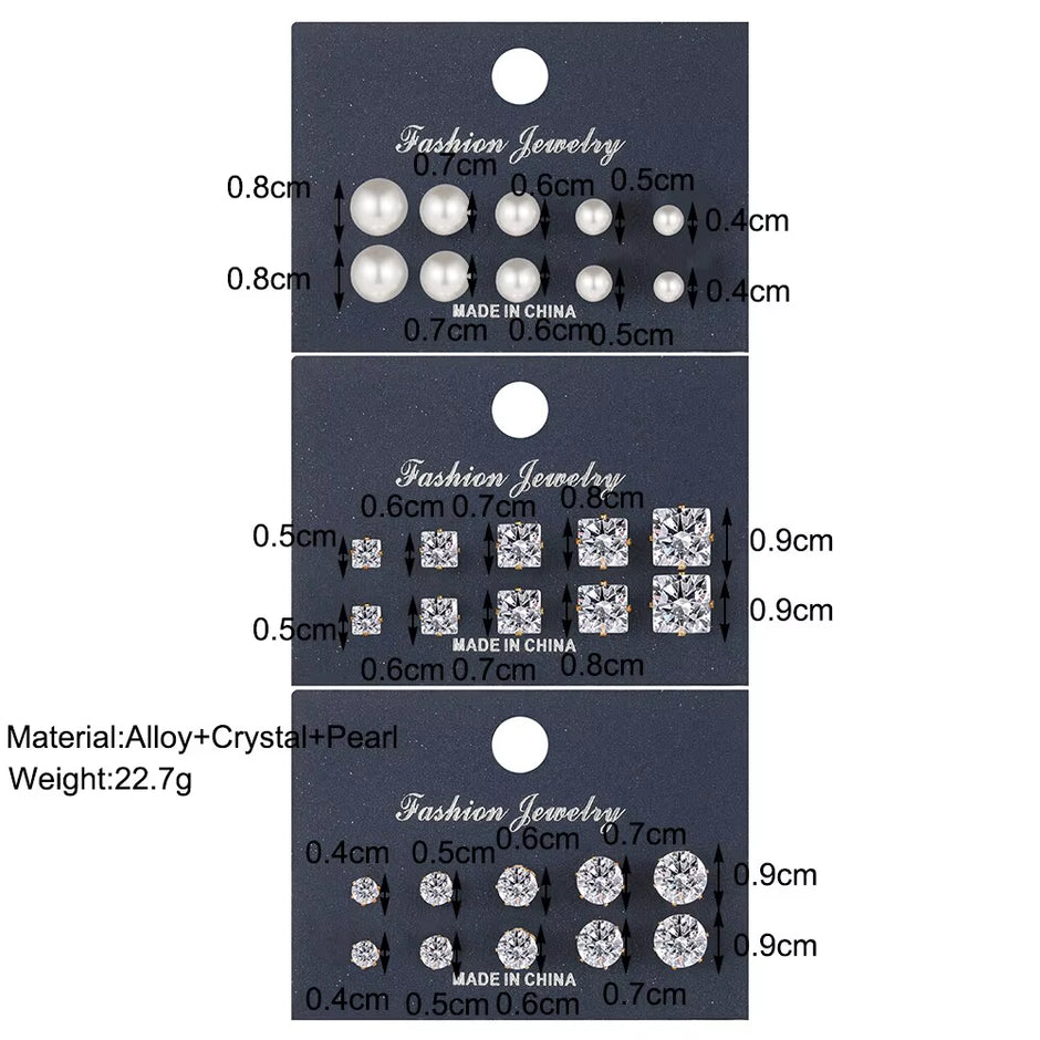 15 Pcs of Earrings Simple Basic Geometric Type Sixclaw Crystal Zircon Earrings Set Retro Temperament Fake-Pearl Earrings