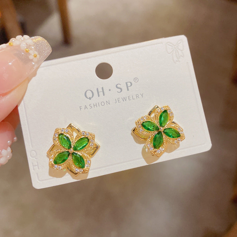 Green Zircon Rotating Four-Leaf Clover Earrings