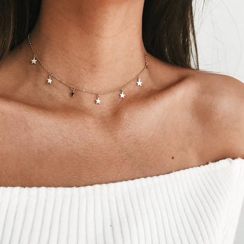Bohemian Tiny Heart Star Necklace for Women Short Chain Coin Bar Moon Pendant Necklace Gift Choker Necklace
