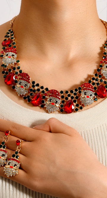 3Pcs Christmas Necklace Earrings Set with Colored Rhinestones Ins Fashionable Shiny Santa Claus Necklace for Womens Jewelry