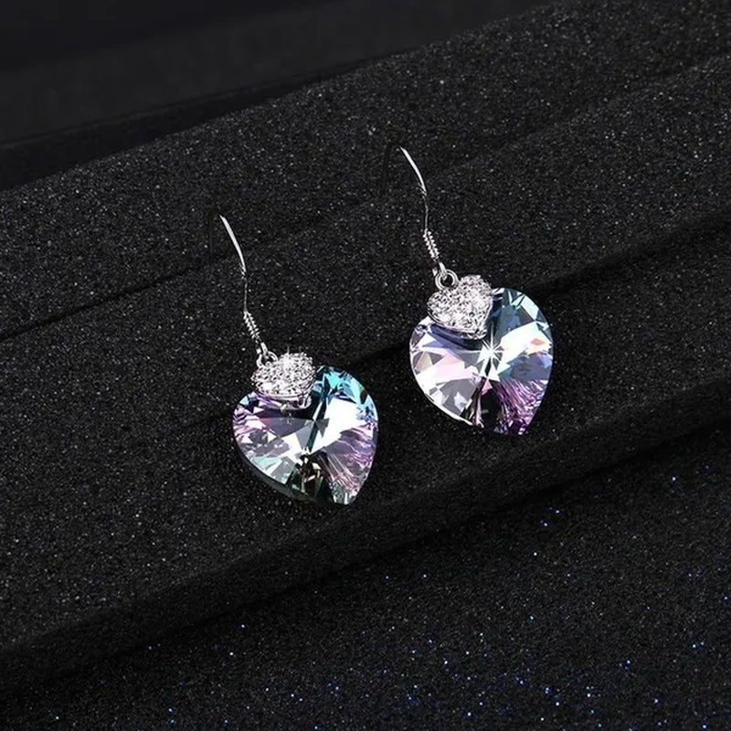 Fashion 925 Silver Heart Shape Crystal Hook Earrings Zircon Pendant Necklace Gift for Lady CZ Women Charm Anniversary Gift Birthday Party Jewelry Bridal Engagement Wedding Jewelry Gift