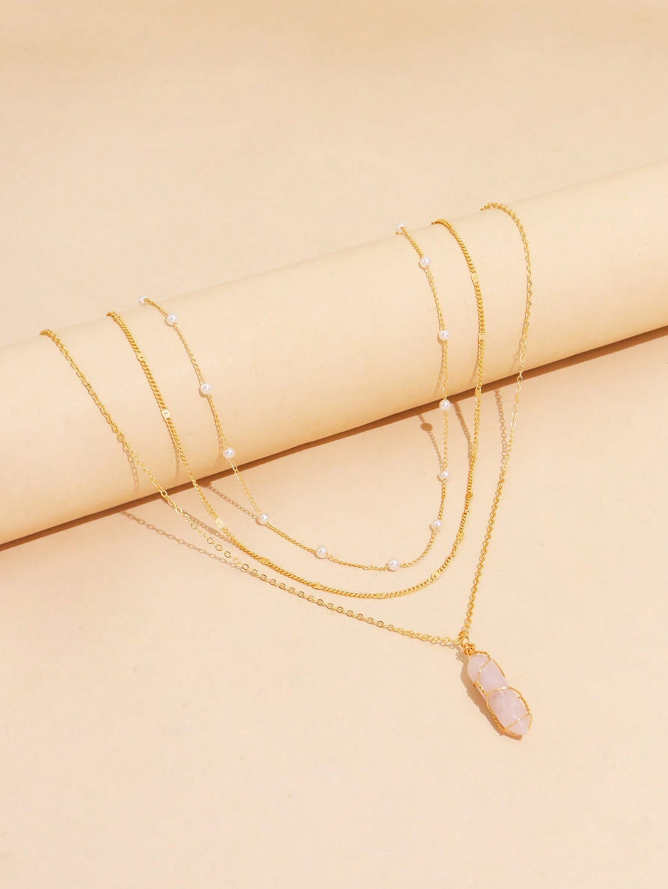 2Pcs Multi-Layer Faux Pearl round Disc Necklace (Random Pearl Quantity, Not Fixed)