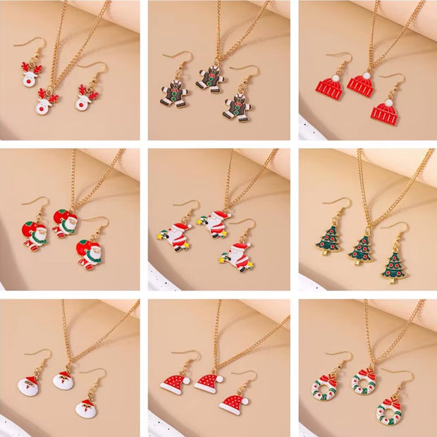 Fashion Christmas Necklace Earrings Jewelry Set for Women Christmas Tree Hat Deer Necklace Girls Party Festival Jewelry Gifts