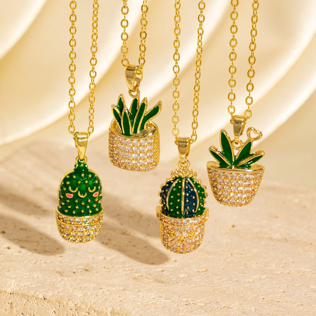 Zircon Cactus Pendant Necklace