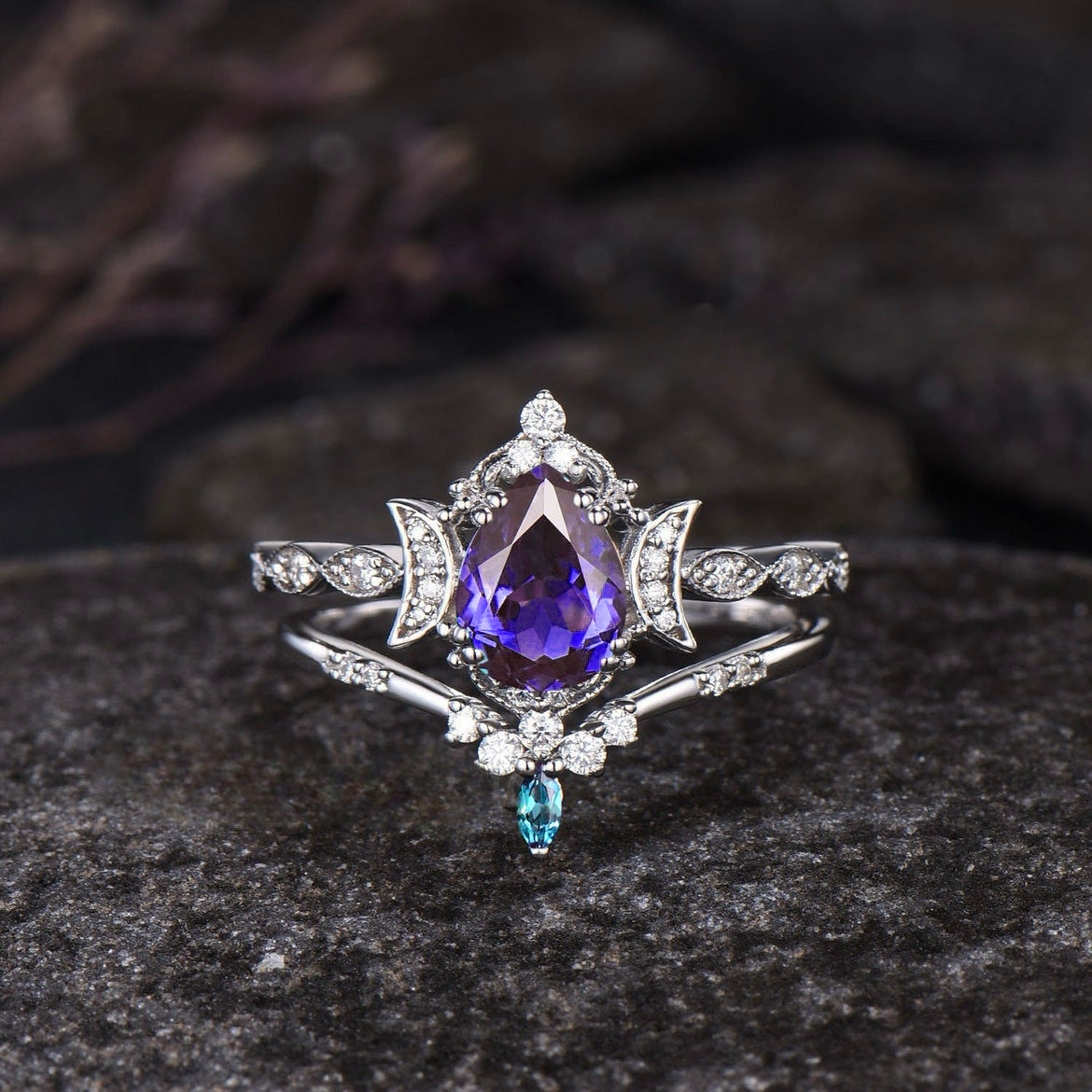 Purple Crystal Water Drop Ring Set