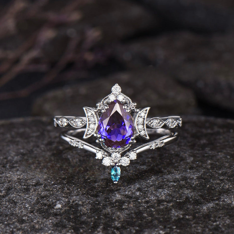 Purple Crystal Water Drop Ring Set