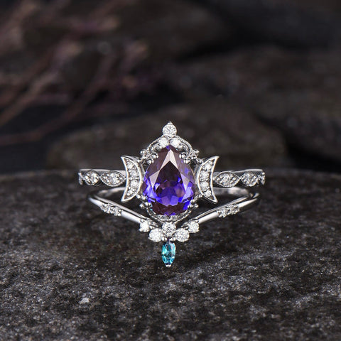 Purple Crystal Water Drop Ring Set