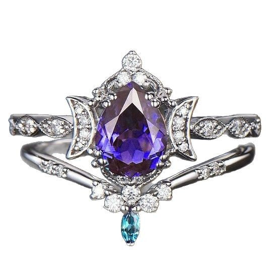 Purple Crystal Water Drop Ring Set