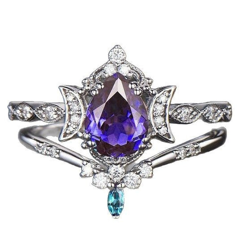 Purple Crystal Water Drop Ring Set