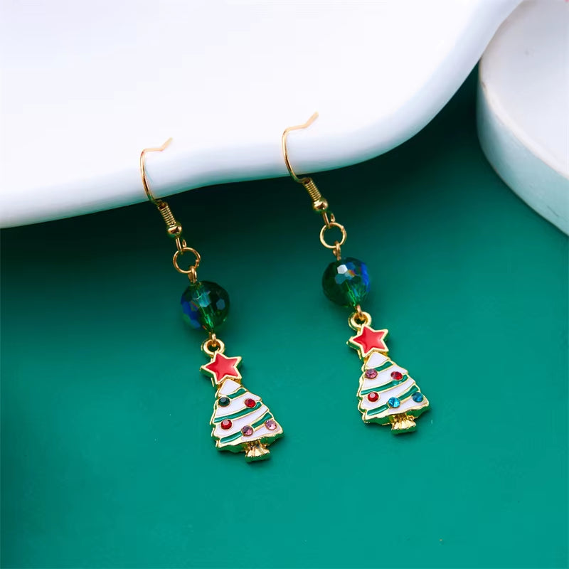 New Crystal Christmas Tree Tassel Earrings for Women Trendy Rhinestone Snowflake Bow round Drop Earring Girls Christmas Jewelry