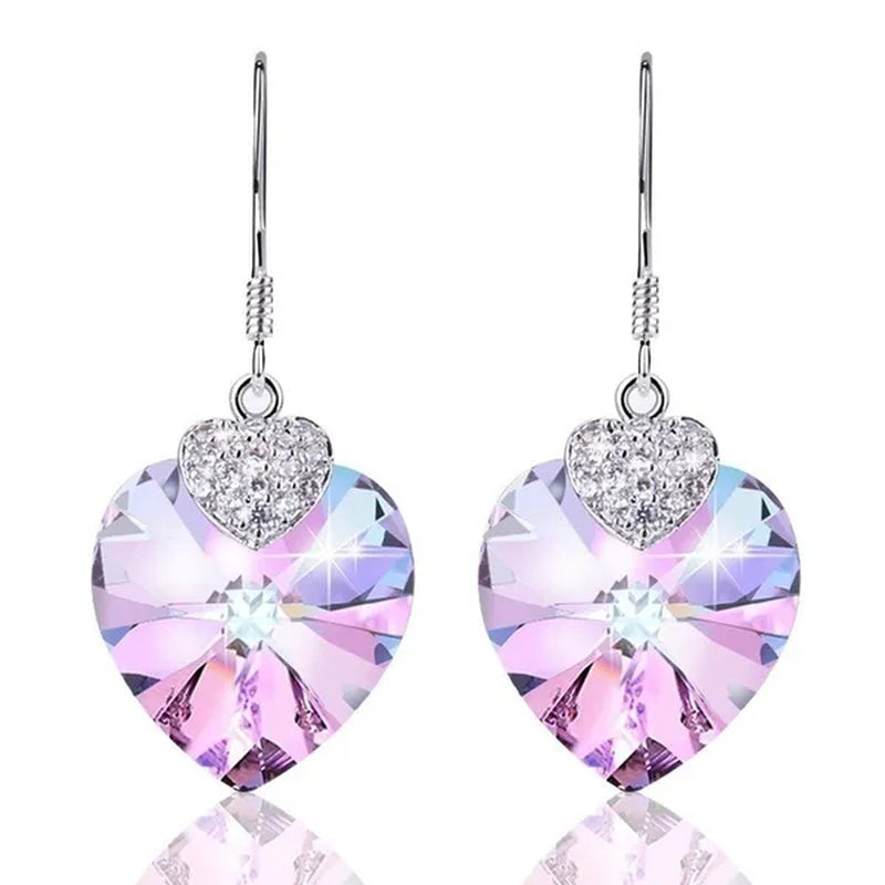 Fashion 925 Silver Heart Shape Crystal Hook Earrings Zircon Pendant Necklace Gift for Lady CZ Women Charm Anniversary Gift Birthday Party Jewelry Bridal Engagement Wedding Jewelry Gift