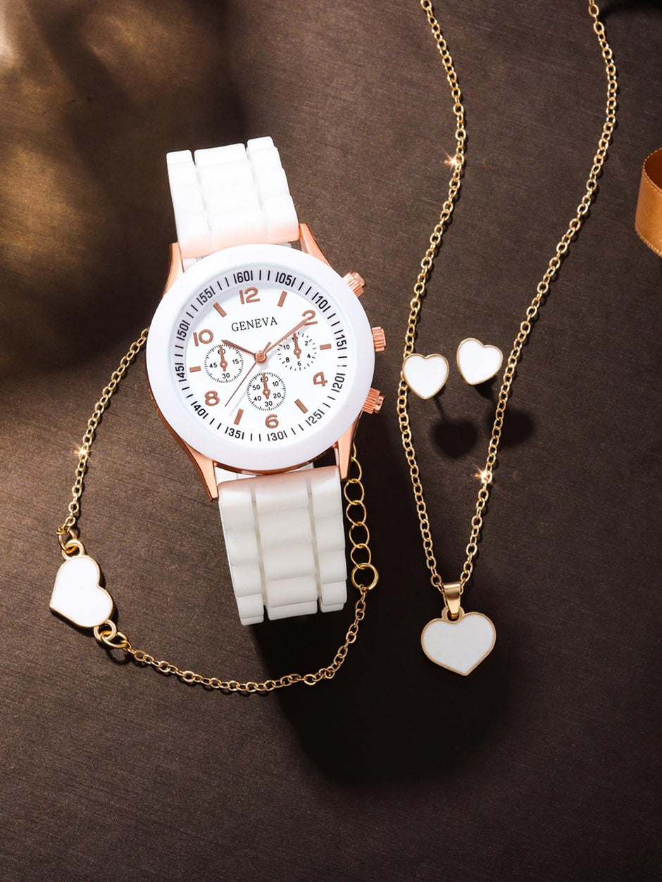 5Pcs Cute White Silicone Watch Girls Quartz Watch Necklace Bracelet Earrings Jewelry Jewelry Set Halloween Gift Christmas Gift Friends the Best Choice