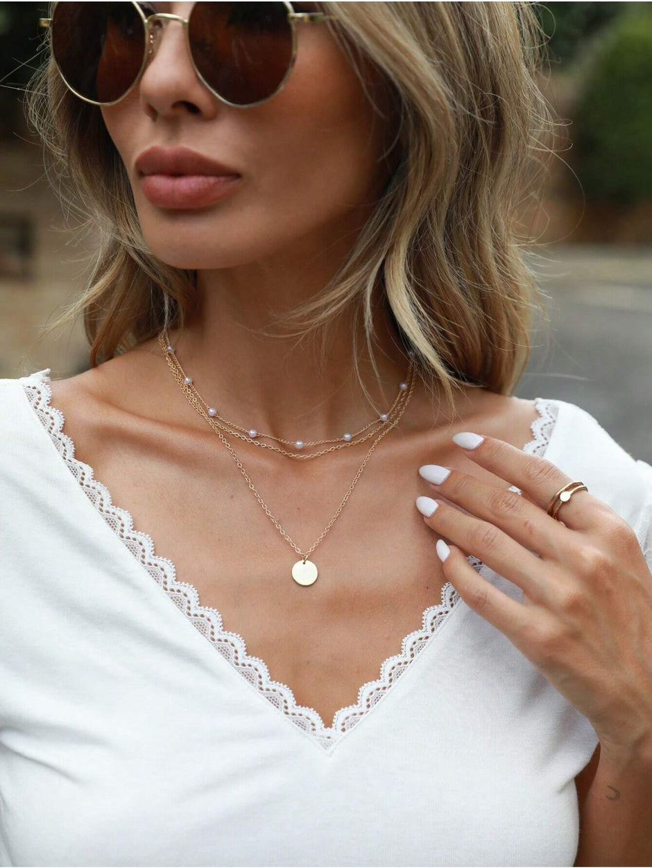 2Pcs Multi-Layer Faux Pearl round Disc Necklace (Random Pearl Quantity, Not Fixed)