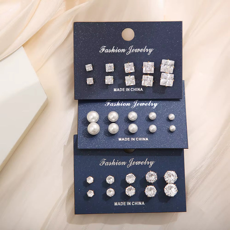 15 Pcs of Earrings Simple Basic Geometric Type Sixclaw Crystal Zircon Earrings Set Retro Temperament Fake-Pearl Earrings
