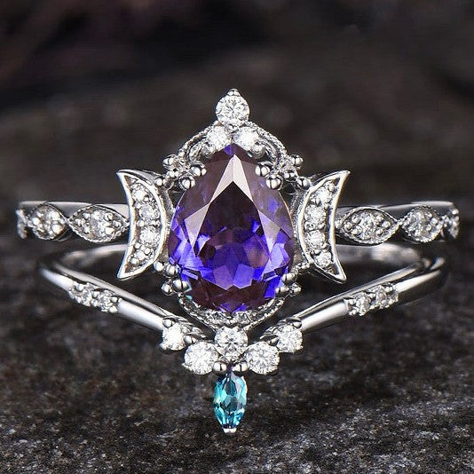 Purple Crystal Water Drop Ring Set
