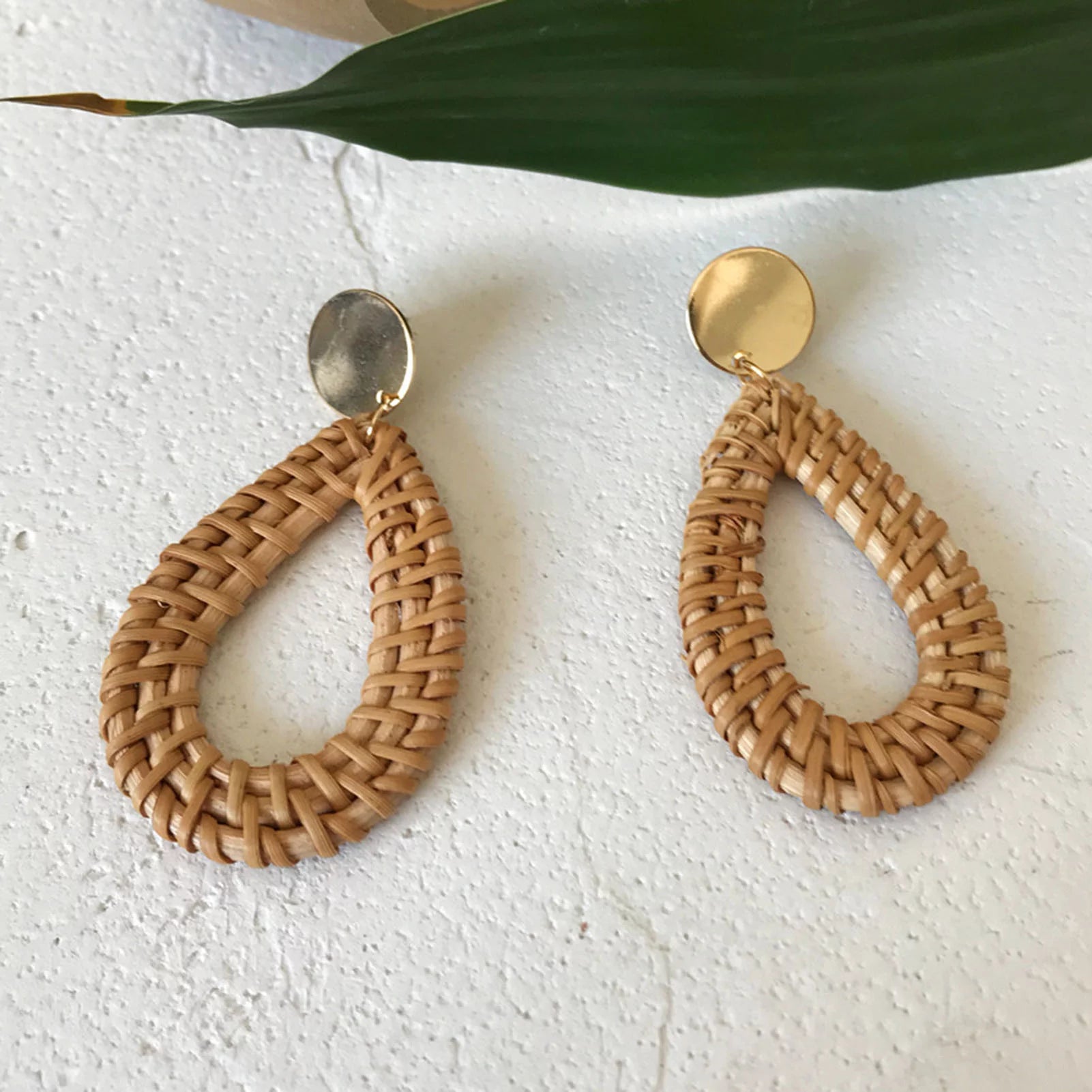 4 Pairs Rattan Earrings Geometric Handmade Braided Women Bohemian Tassel Earrings for Dating Wood Yellow