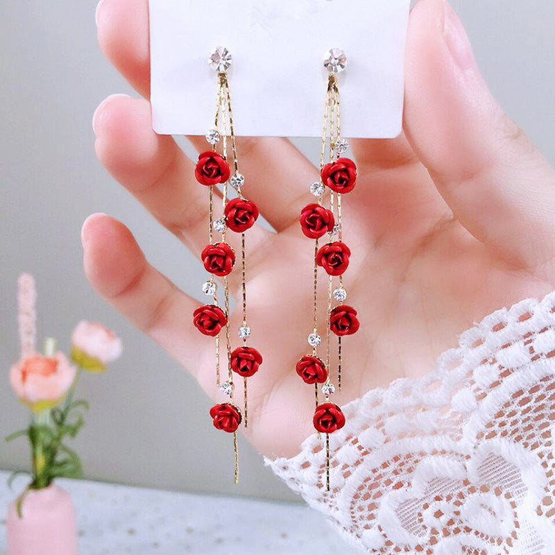 Flower Long Earrings Wild Red Rose Flower Long Rhinestone Tassel Earrings Earrings
