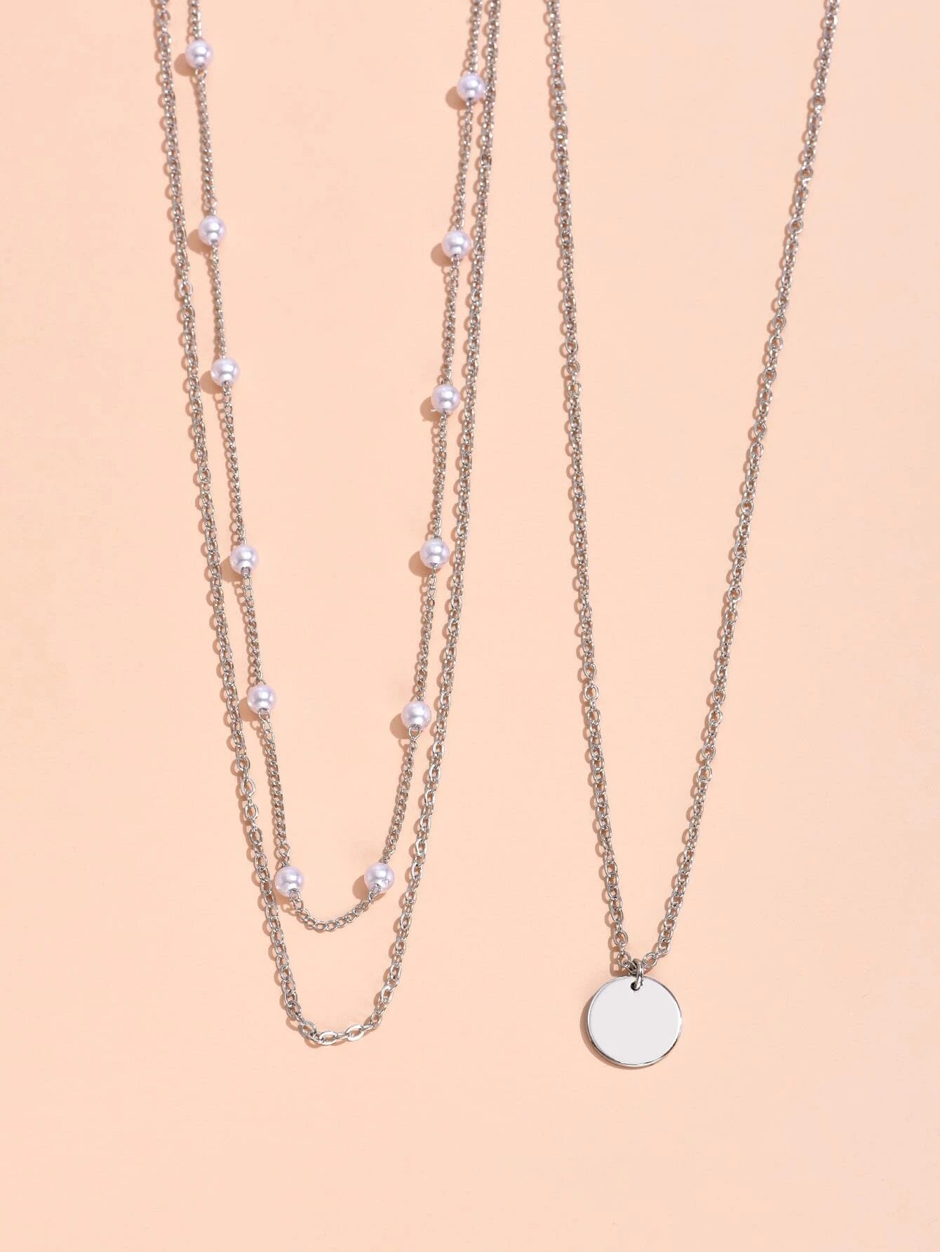 2Pcs Multi-Layer Faux Pearl round Disc Necklace (Random Pearl Quantity, Not Fixed)