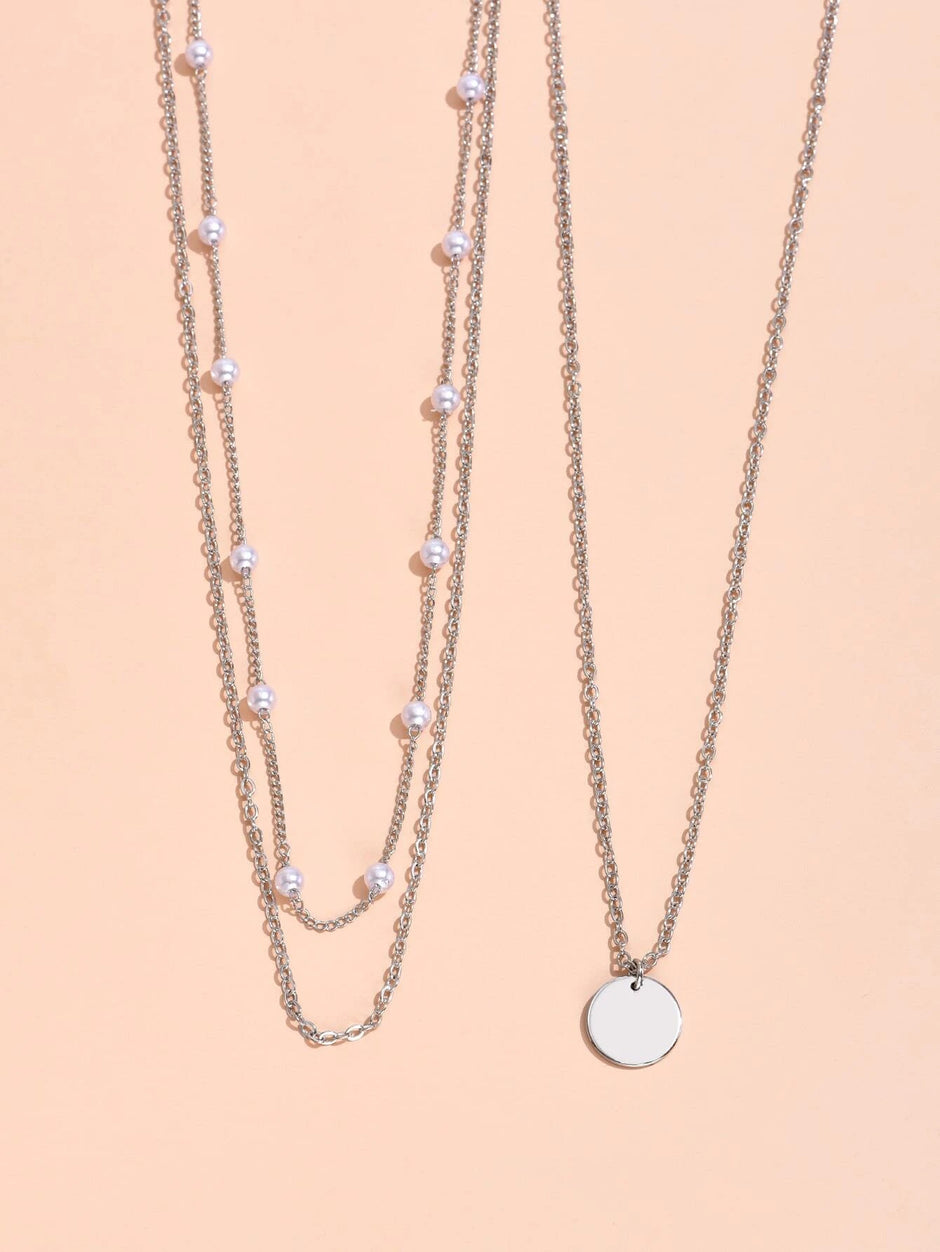 2Pcs Multi-Layer Faux Pearl round Disc Necklace (Random Pearl Quantity, Not Fixed)