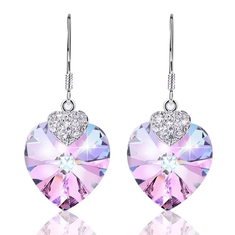 Fashion 925 Silver Heart Shape Crystal Hook Earrings Zircon Pendant Necklace Gift for Lady CZ Women Charm Anniversary Gift Birthday Party Jewelry Bridal Engagement Wedding Jewelry Gift