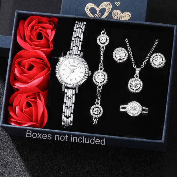 Ladies Watch 1Pc Women Zinc Alloy Strap Glamorous Rhinestone Decor round Dial Quartz Watch & 5Pcs Necklace Earrings Rings Bracelet Jewelry Set for Daily Decoration Suitable for Women Party,Holiday,Birthday Wear or as Sisters,The Best Gift for a Lady