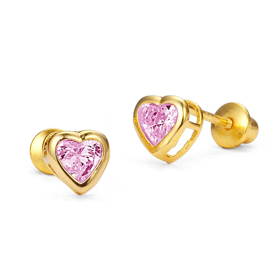 14K Gold Plated Brass 4Mm Heart Cubic Zirconia Screwback Girls Earrings with Sterling Silver Post