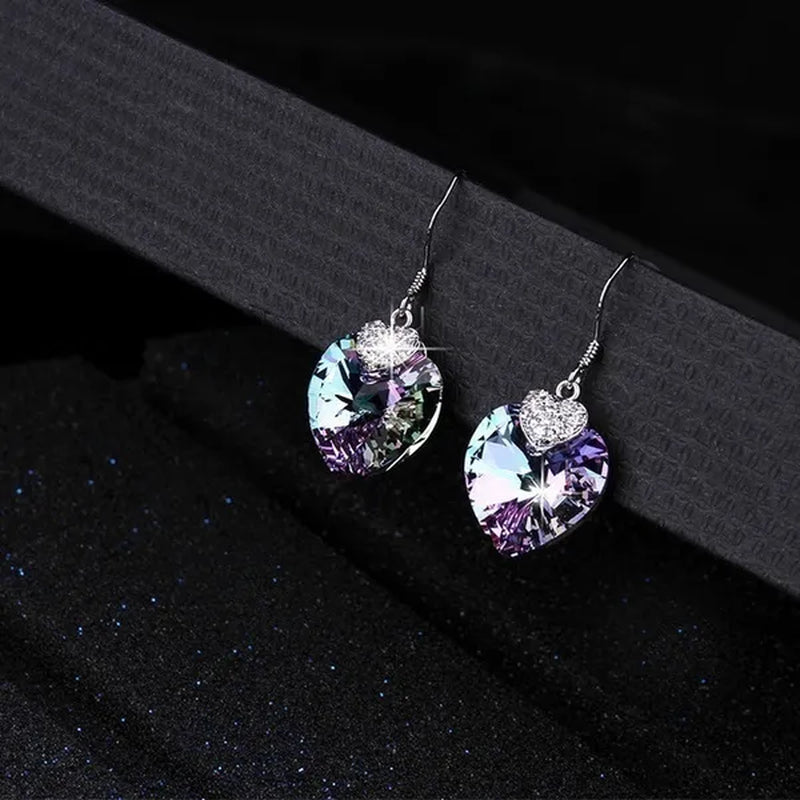 Fashion 925 Silver Heart Shape Crystal Hook Earrings Zircon Pendant Necklace Gift for Lady CZ Women Charm Anniversary Gift Birthday Party Jewelry Bridal Engagement Wedding Jewelry Gift