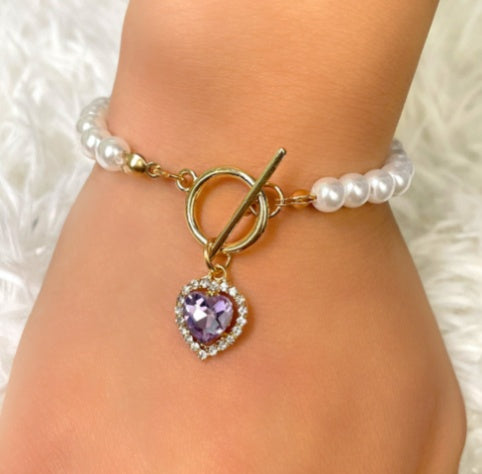 Red Crystal Heart & Pearl Bracelet