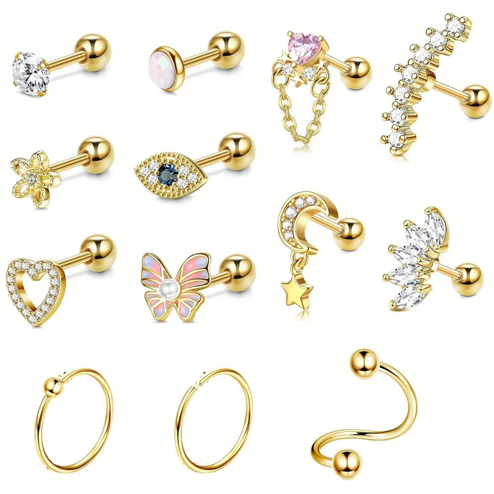 1Pc Stainless Steel 16G Cartilage Earrings Stud Hypollergenic Stainless Steel Stud Earrings Butterfly Heart Piercing