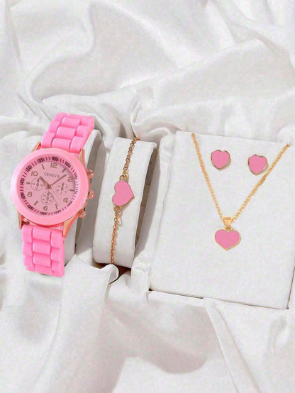5Pcs Cute White Silicone Watch Girls Quartz Watch Necklace Bracelet Earrings Jewelry Jewelry Set Halloween Gift Christmas Gift Friends the Best Choice