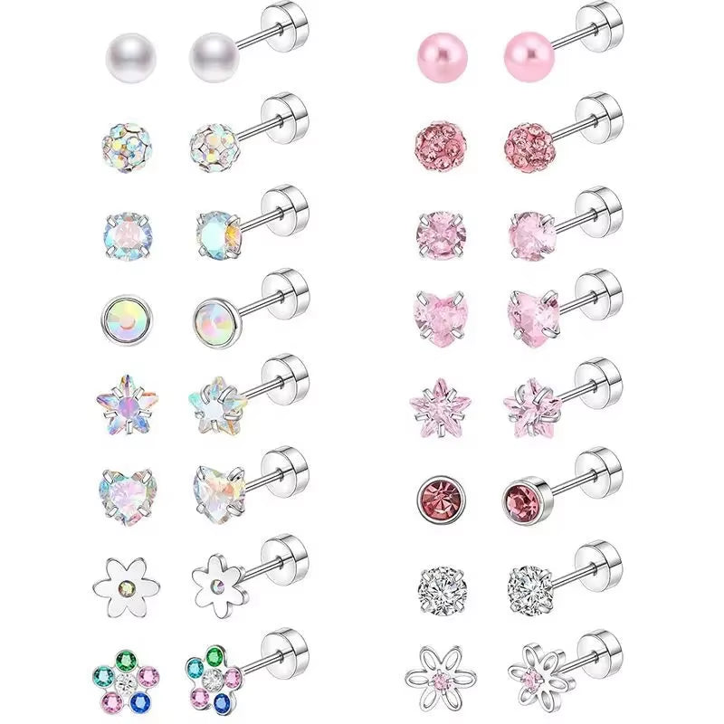 12 Pairs Stainless Steel Earrings Sets Hypoallergenic Screw Back Stud Earrings Cute Heart Tiny Pink Stud Earrings for Women Girl